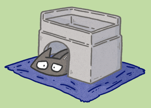 animated illustration of black cat scared and hiding under cat hide