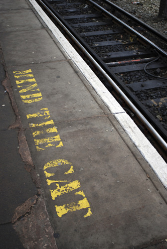 train platform lettering, amended to read 'Mind the cat'