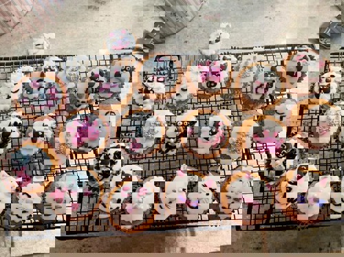 Cupcakes decorated with cats and cat faces on a wire rack