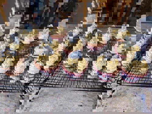 Cupcakes on a wire rack decorated with edible paper cat decorations